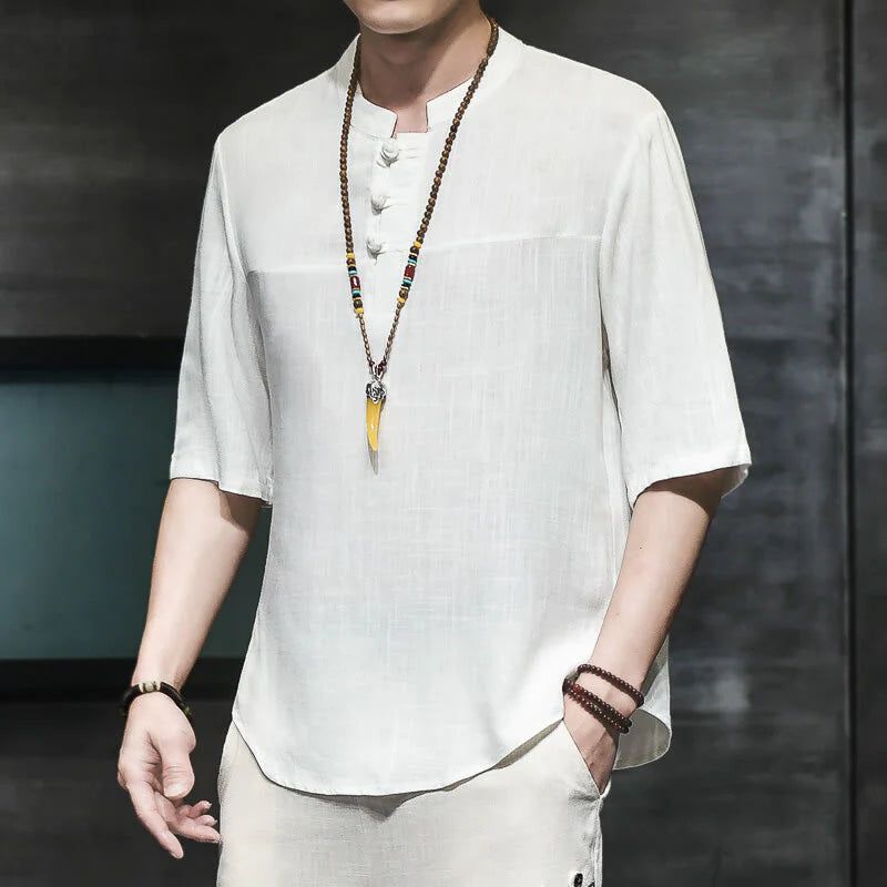 Buddha Stones Casual Vintage  Chinese Frog-Button Men's Half Sleeve Cotton Linen T-Shirt