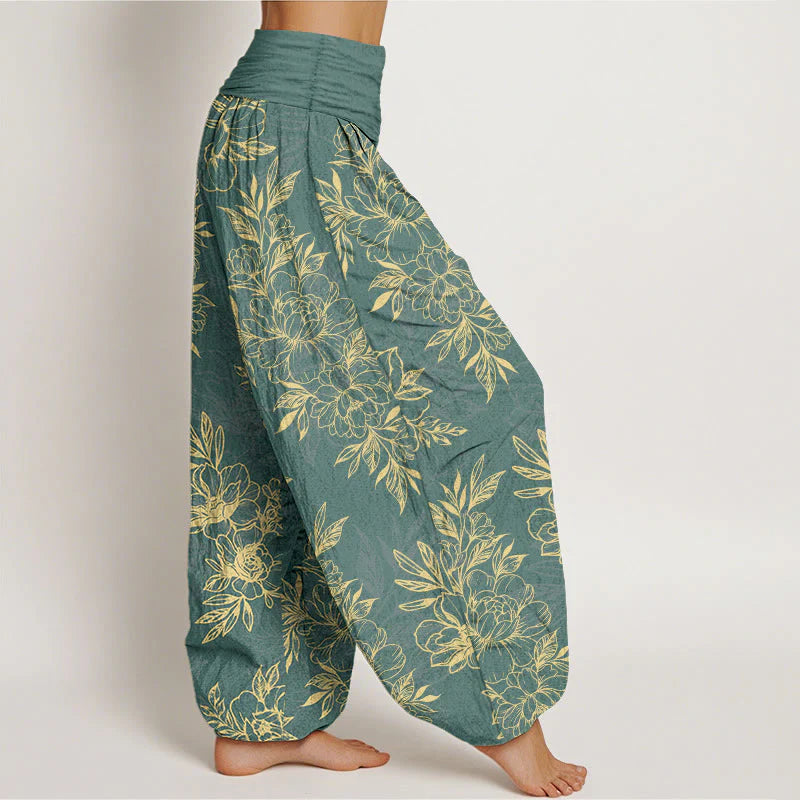 Buddha Stones Cotton Complicated Flowers Leaves Pattern Women's Elastic Waist Harem Pants