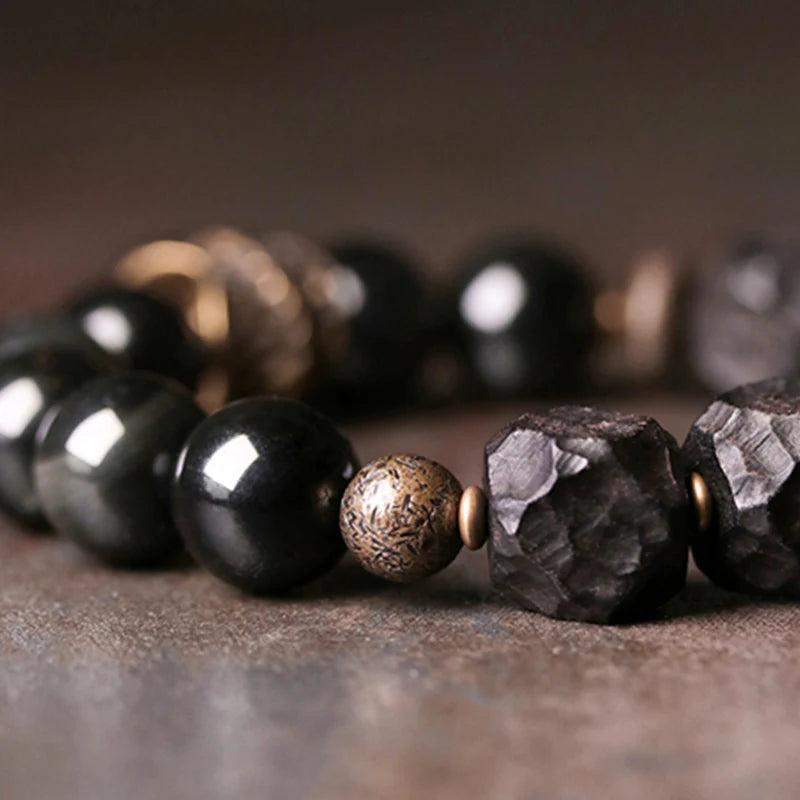 Buddha Stones Black Obsidian Ebony Wood Copper Strength Couple Bracelet (Extra 30% Off | USE CODE: FS30)