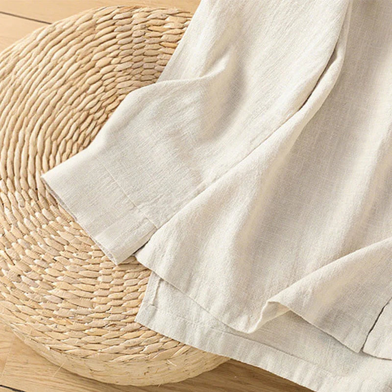 Buddha Stones Spring Solid Color Simple Hem Slit Design Cotton Linen Women's Shirt