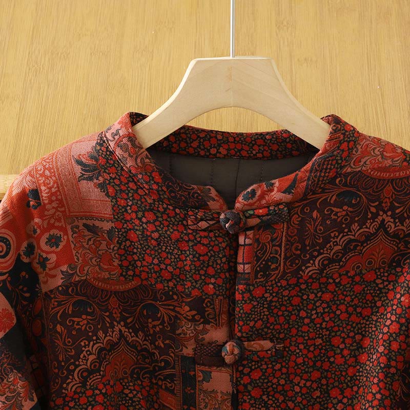 Buddha Stones Women's Ethnic Floral Long Sleeve Frog-buttons Cotton Thermal Jacket