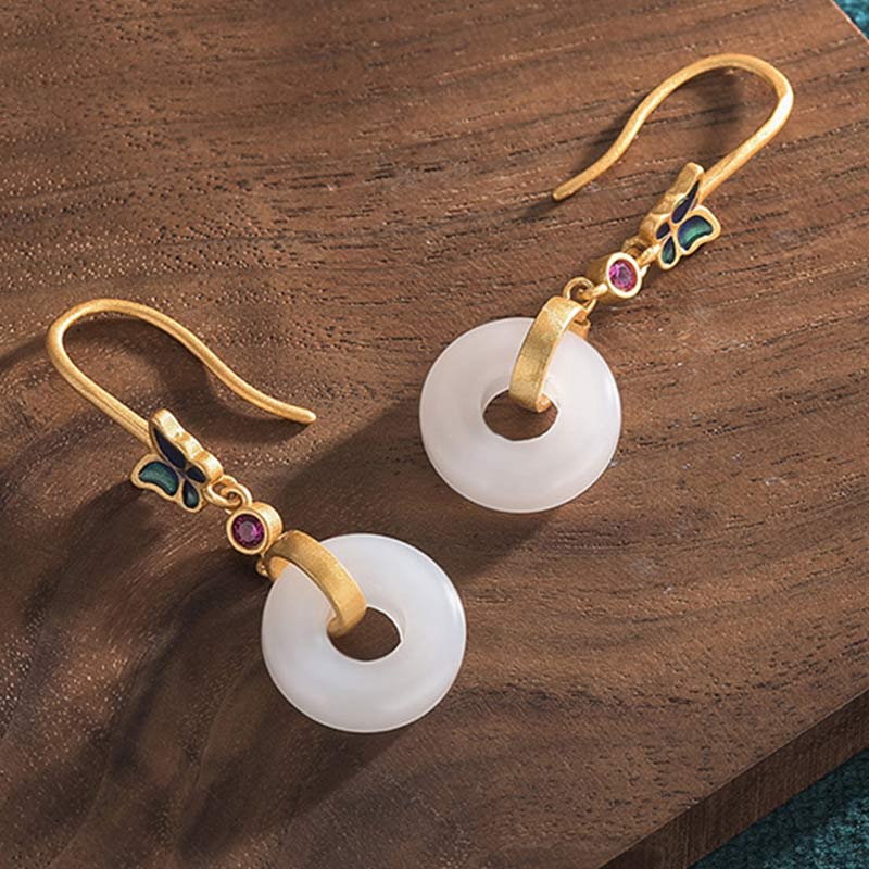 Buddha Stones FengShui White Jade Butterfly Fortune Earrings