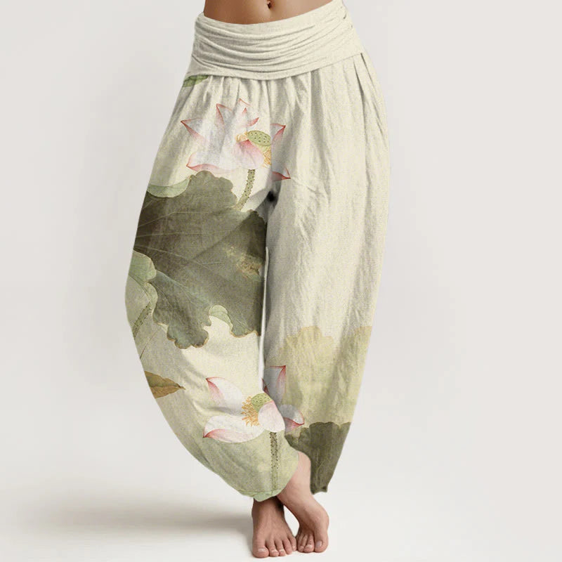 Buddha Stones Cotton Casual Lotus Petal Pods Pattern Women's Elastic Waist Harem Pants