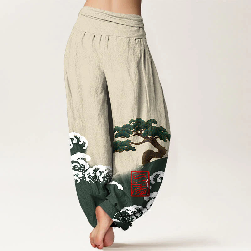 Buddha Stones Print Pure Cotton Pine Tree Rolling Waves Pattern Women's Elastic Waist Harem Pants