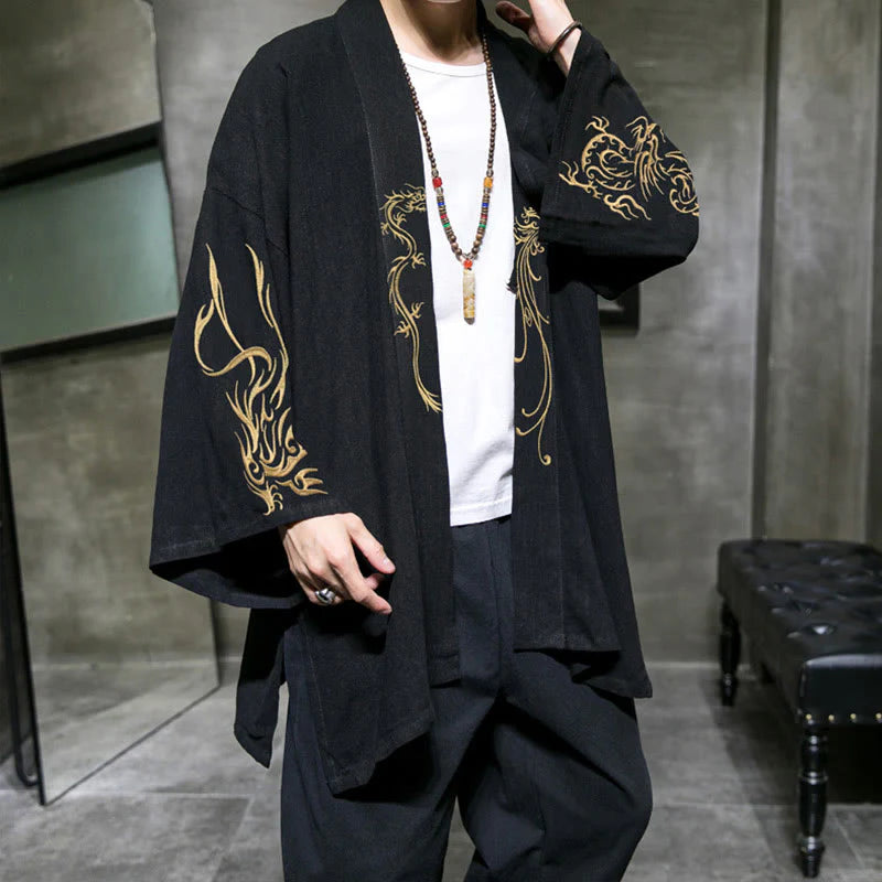 Buddha Stones Dragon Phoenix Open Front Long Sleeve Jacket Men's Cotton Kimono