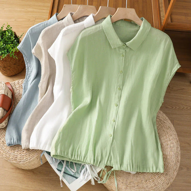 Buddha Stones Summer Plain Color Button Short Sleeve Women's Cotton Shirt