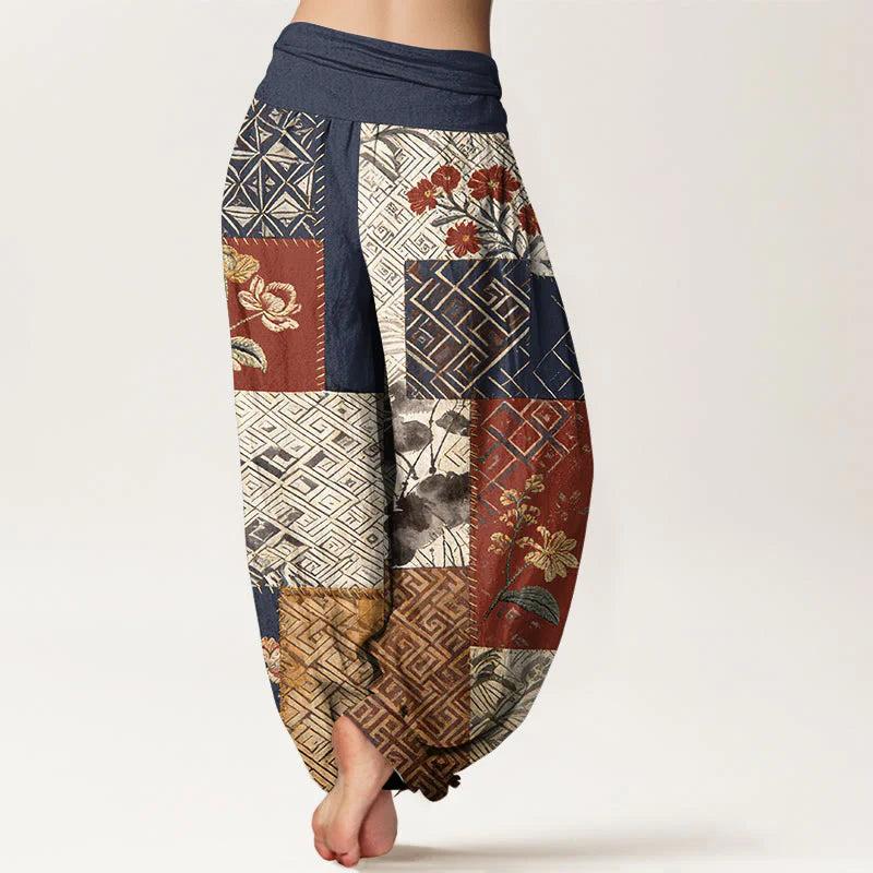 Buddha Stones Cotton Color Blocking Design Flower Geometry Pattern Women's Elastic Waist Harem Pants