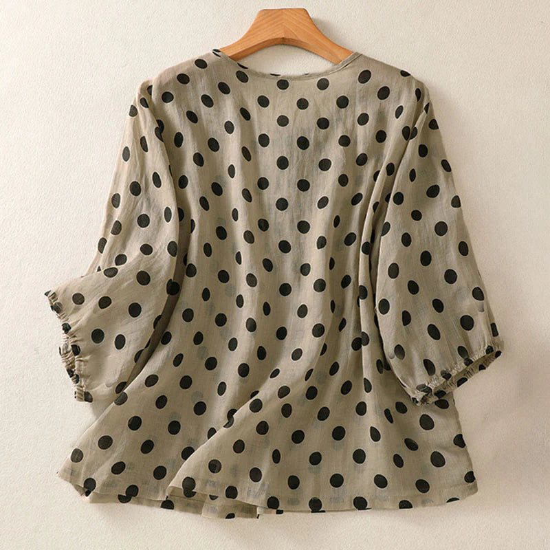Buddha Stones Fall Round Neck Polka Dots Long Sleeve Women's Polyester Shirt