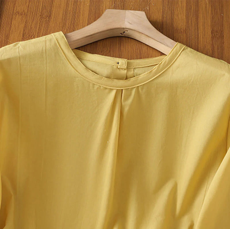 Buddha Stones Plain Lace Hem Single Breasted Button Cotton Linen Three Quarter Sleeve Women's Crew Neck Shirt
