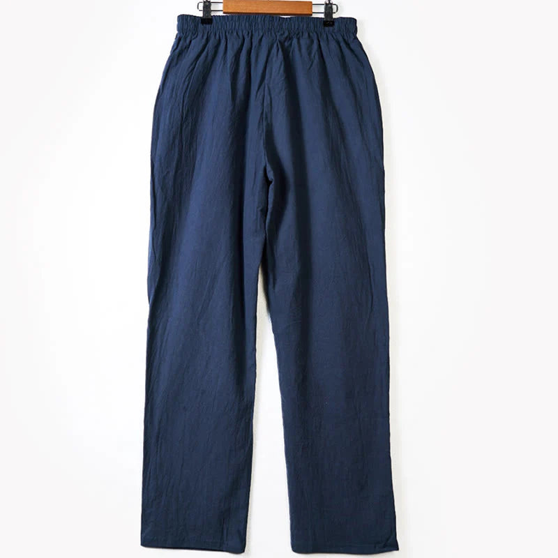 Buddha Stones Solid Color Buttons Drawstring Men's Cotton Pants With Pockets
