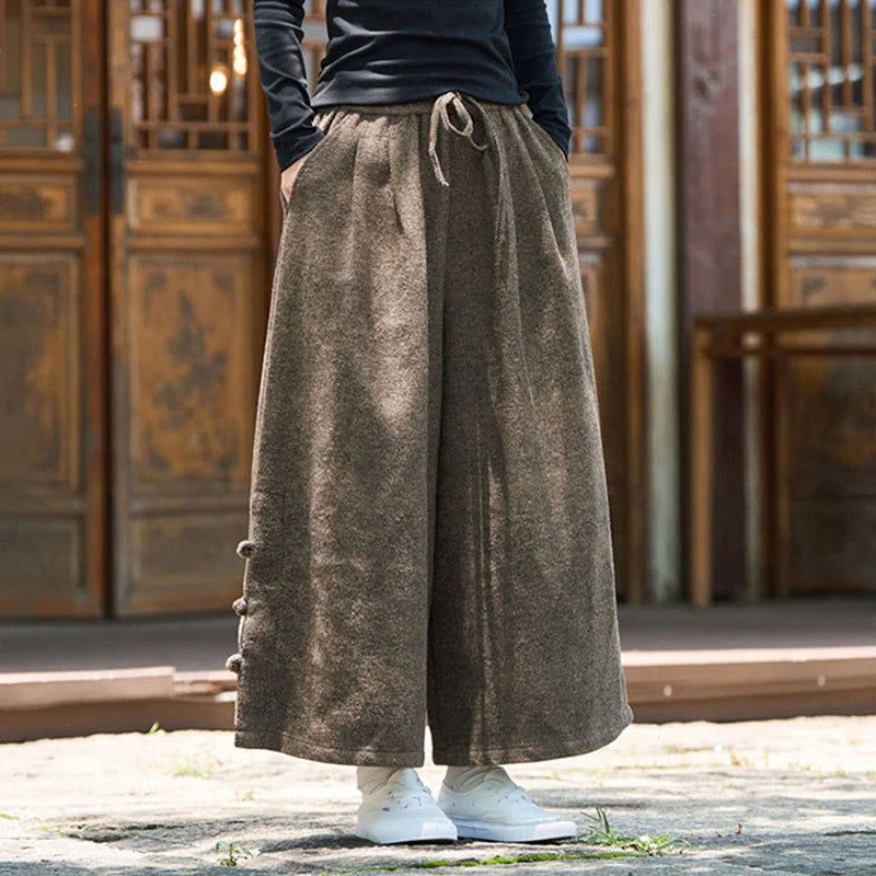 Buddha Stones Winter Chinese Frog-Button Design Corduroy Thermal Men's Wide Leg Pants With Pockets
