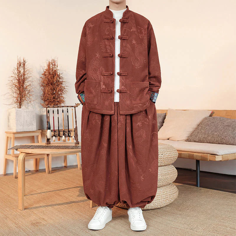 Buddha Stones 2Pcs Fall Winter Men's Tang Suit Dragon Frog-Button Cotton Long Sleeve Jacket Pants Set