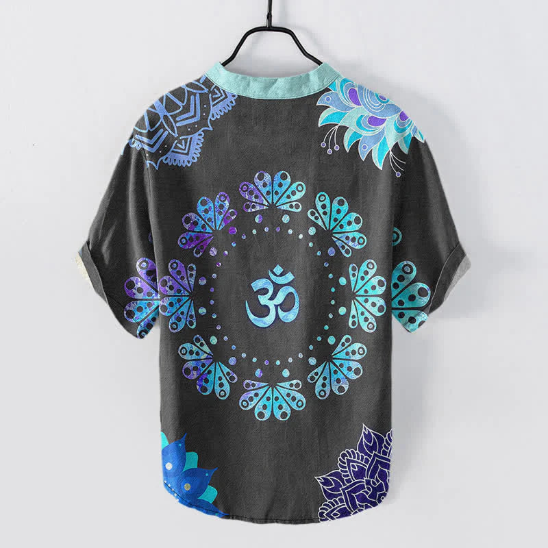 Buddha Stones Cotton Om Lotus Mandala Peacock Emblem Men's Short Sleeve Half Button Shirt