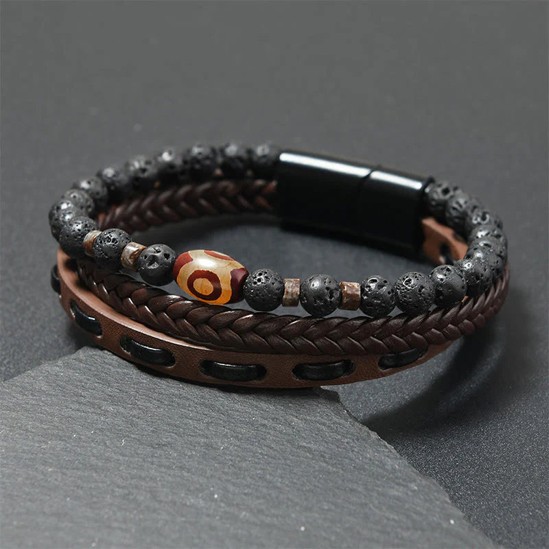 Buddha Stones Dzi Bead Lava Rock Multilayered Braided Leather Wealth Bracelet