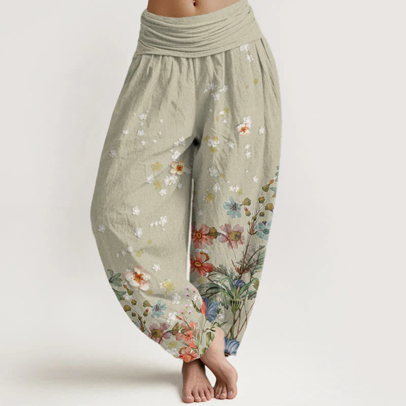 Buddha Stones Cotton Various Flowers Pattern Women's Elastic Waist Harem Pants