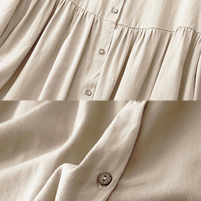 Buddha Stones Commute Long Sleeve Pure Color Button Design Lapel Cotton Midi Dress