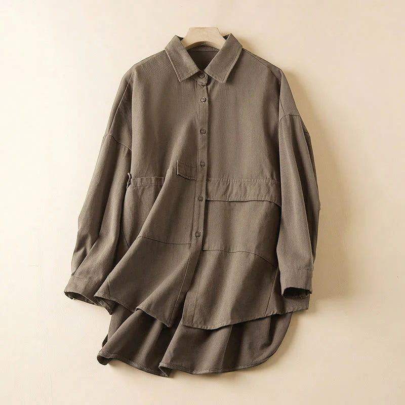 Buddha Stones Fall Irregular Design Long Sleeve Women's Cotton Linen Lapel Jacket With Pockets