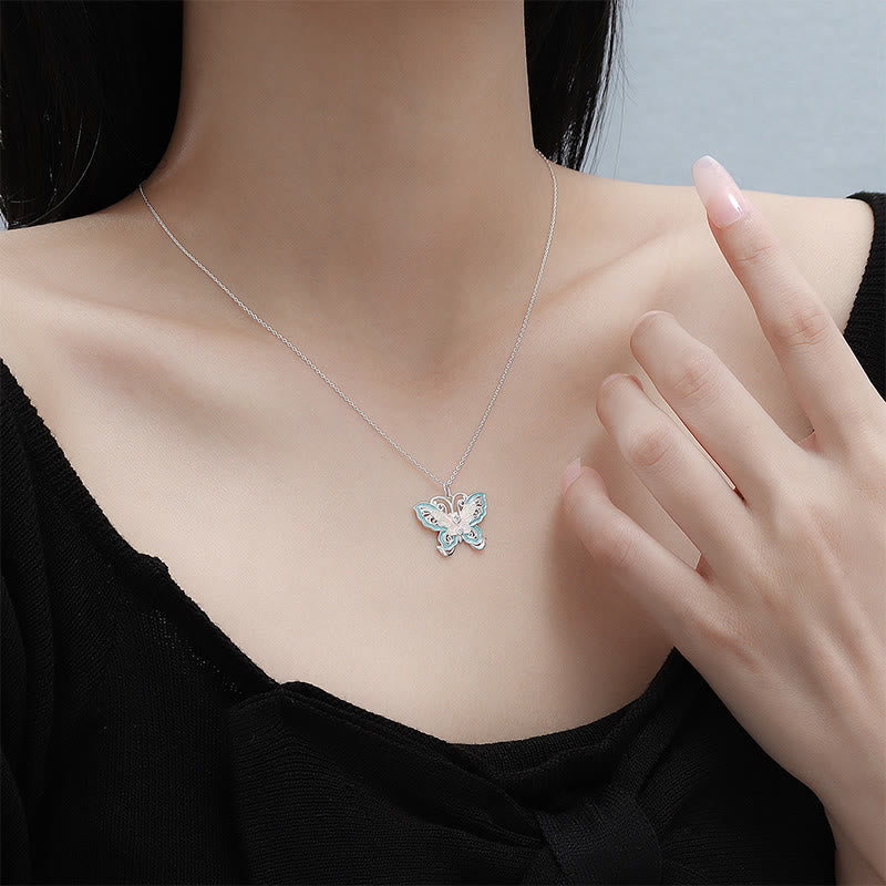 Buddha Stones 999 Sterling Silver Butterfly Blue Enamel Protection Necklace Pendant