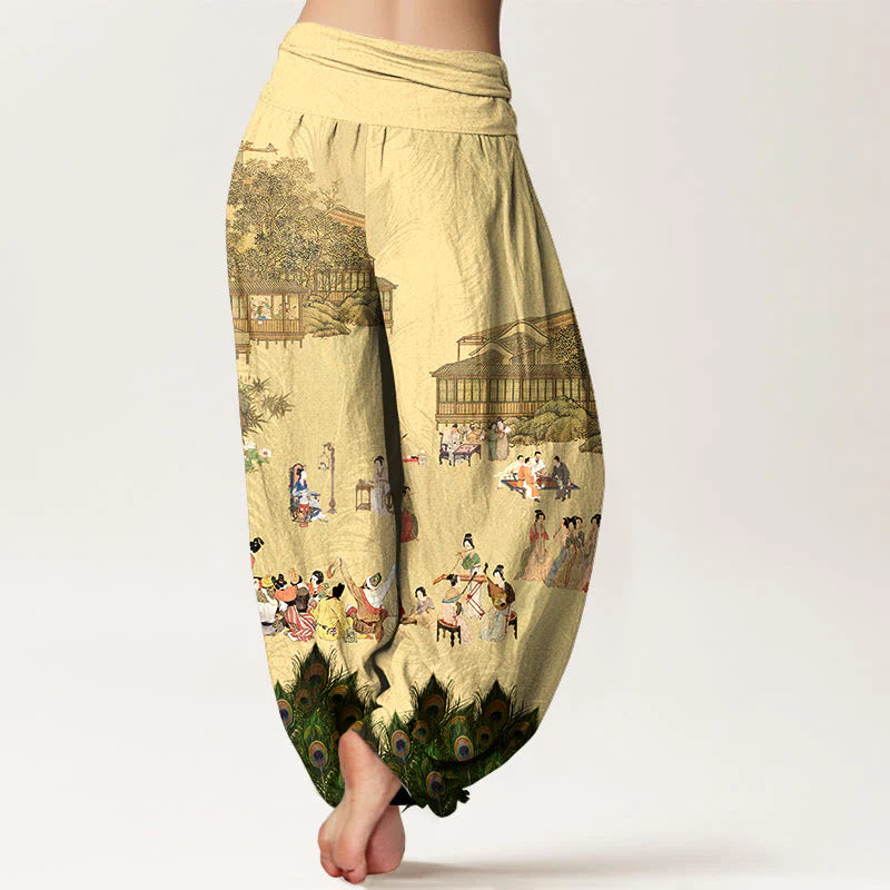 Buddha Stones Pure Cotton Softly Colored People Buildings Peacock Feathers Trees Flowers Rocks Pattern Women's Elastic Waist Harem Pants