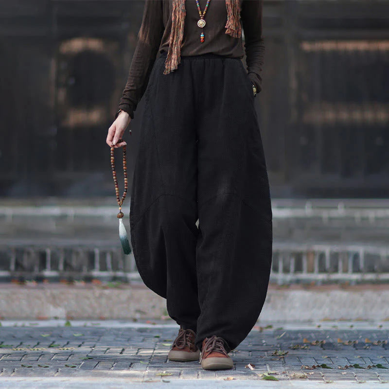 Buddha Stones Winter Elastic Waist Ramie Cotton Thermal Women's Pants With Pockets