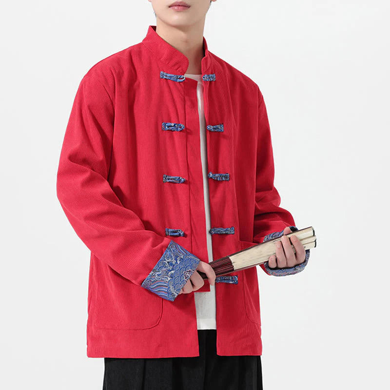 Buddha Stones Floral Design Long Sleeve Men's Cotton Corduroy Tang Suit Jacket With Pockets