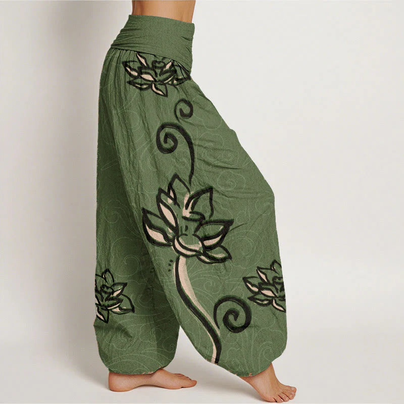 Buddha Stones Cotton Casual Lotus Auspicious Clouds Design Women's Elastic Waist Harem Pants