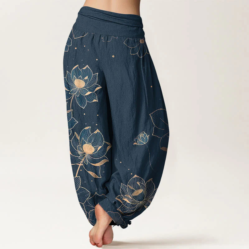 Buddha Stones Pure Cotton Delicate Lotus Pattern Women's Elastic Waist Harem Pants