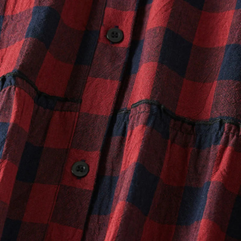 Buddha Stones Contrast Color Plaid Buttons Design Long Sleeve Midi Dress With Pockets