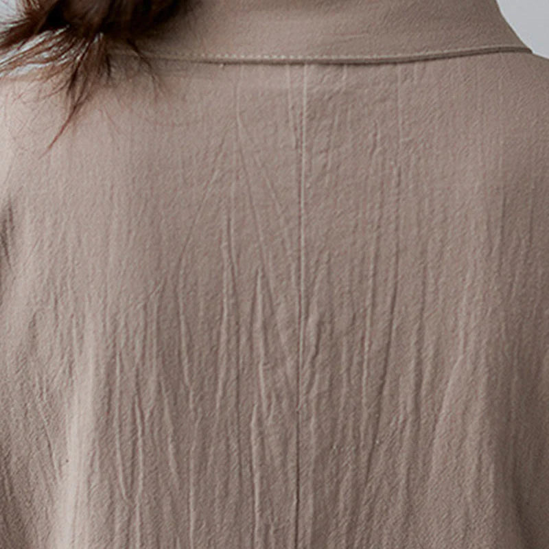 Buddha Stones Casual Plain Side Lace-Up Lapel Short Sleeve Cotton Linen Midi Dress With Pockets