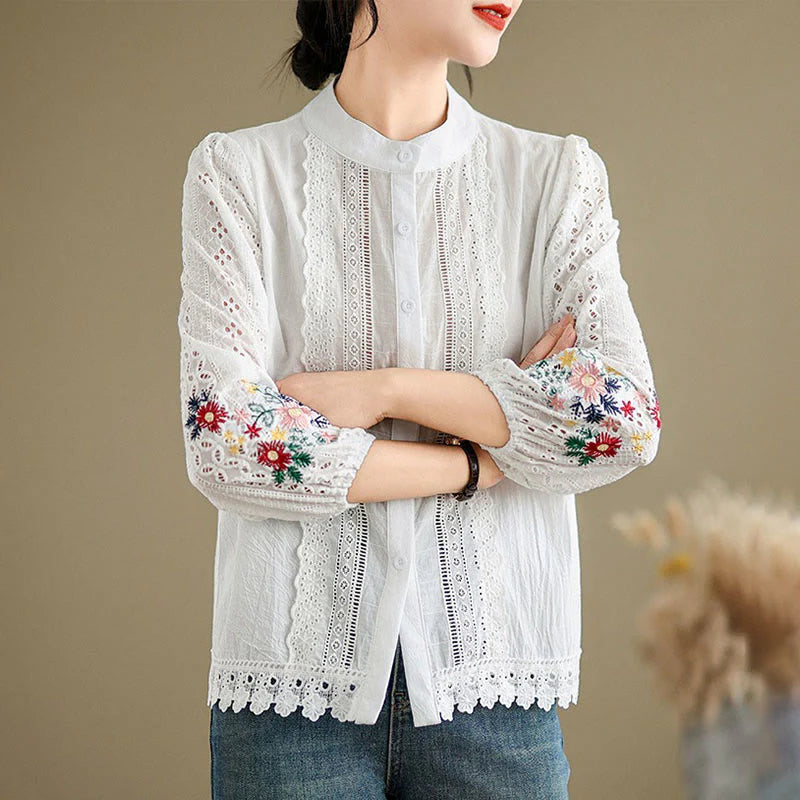 Buddha Stones Fall Lace Embroidery Flower Leaf Pattern Stand Collar Buttons Women's Long Sleeve Shirt