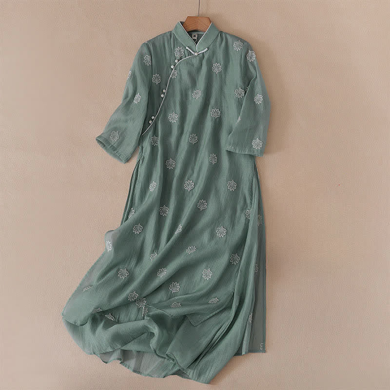 Buddha Stones Embroidery Flower Frog-Button Stand Collar Side Slit Short Sleeve Maxi Dress