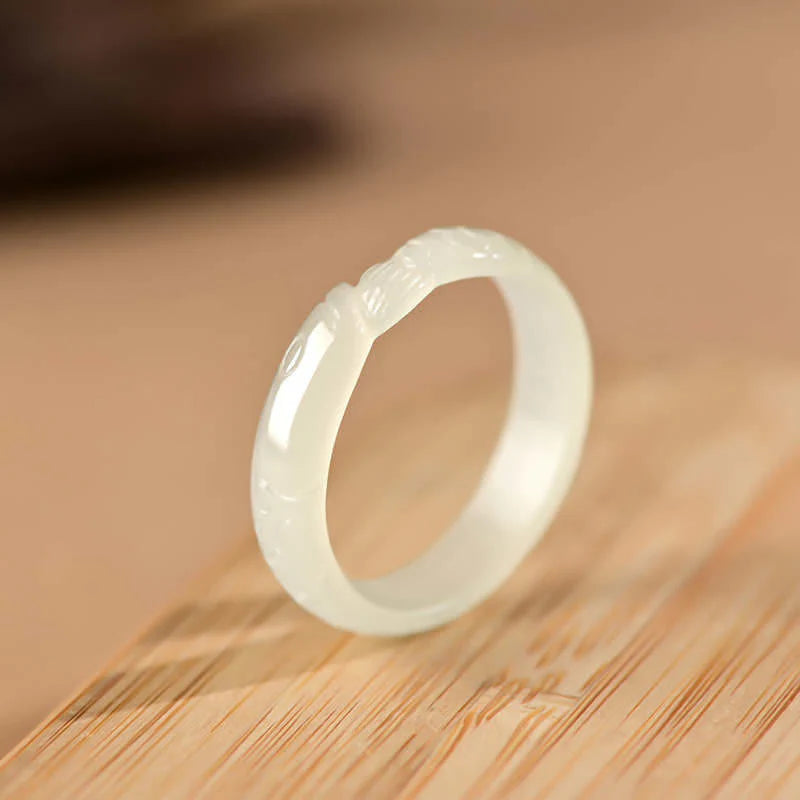 Buddha Stones Hetian White Jade Cyan Jade Koi Fish Success Luck Ring
