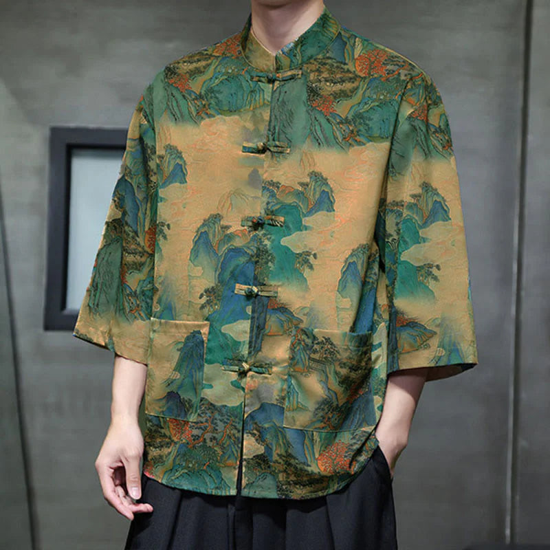 Buddha Stones Spring Frog-Button Dragon Mountain Flower Three Quarter Sleeve Tang Suit Men's Shirt With Pockets