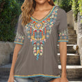 Buddha Stones Embroidery Flower Design Short Sleeve V-neck Cotton Women's T-Shirt