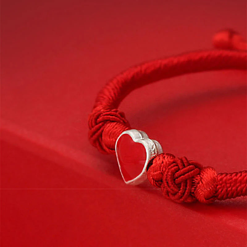 Buddha Stones 999 Sterling Silver 3D Heart Design Red String Connection Bracelet