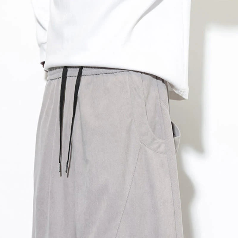 Buddha Stones Drawstring Solid Color Tapered Design Cotton Corduroy Men's Harem Pants With Pockets