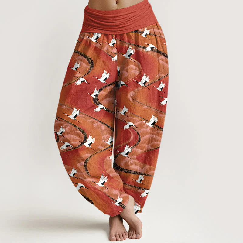 Buddha Stones Cotton Elegant Cranes Winding Lines Pattern Women's Elastic Waist Harem Pants