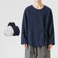 Buddha Stones Men's Chinese Frog-Button Plain Design Cotton Long Sleeve T-Shirt Zen Clothing