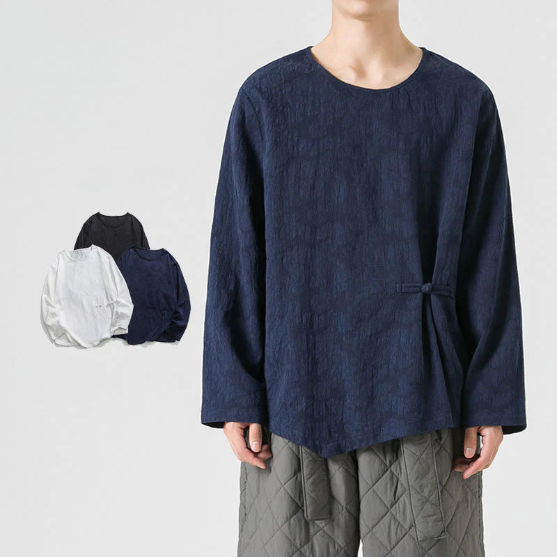 Buddha Stones Men's Chinese Frog-Button Plain Design Cotton Long Sleeve T-Shirt Zen Clothing