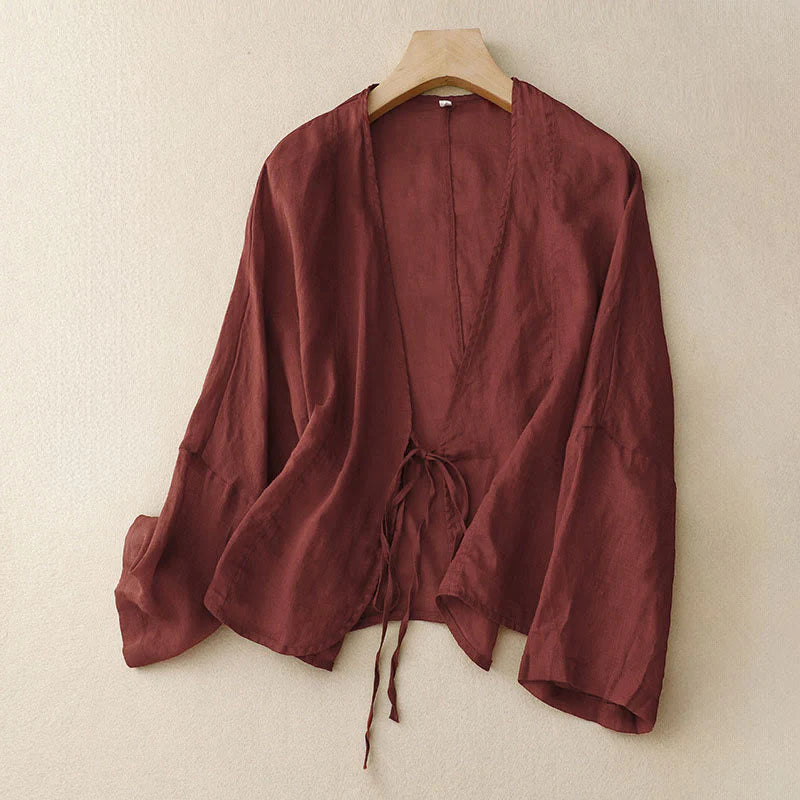 Buddha Stones Summer Plain Long Sleeve Lace-up Open Front Women's Kimono