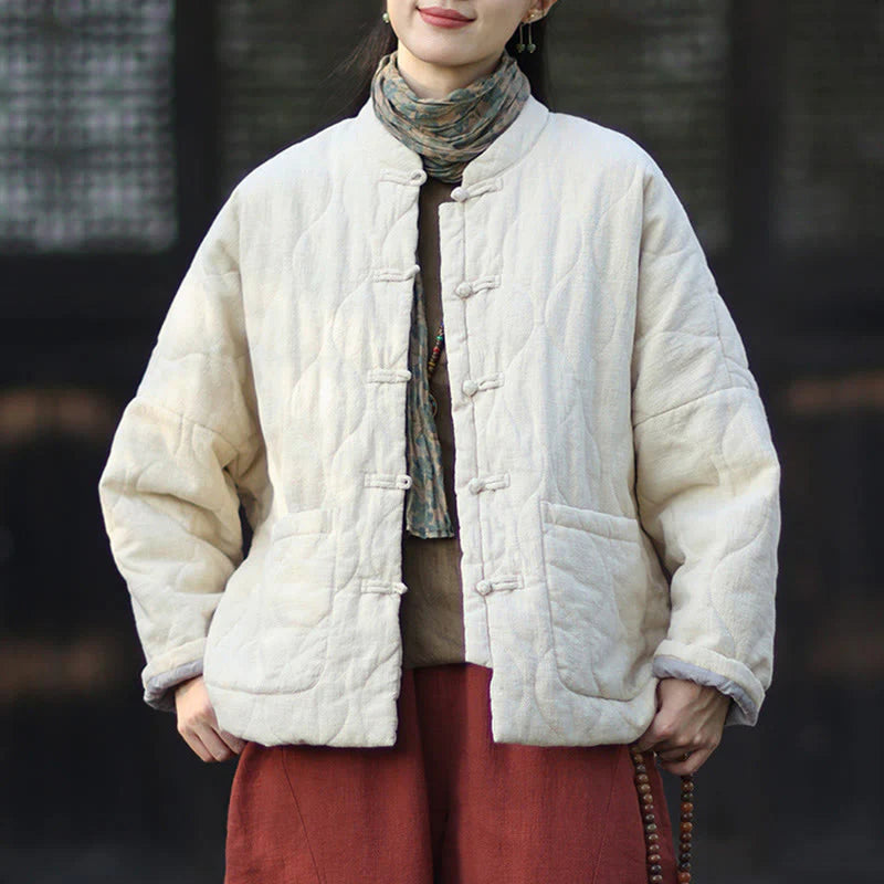 Buddha Stones Winter Curved Lines Frog-Button Ramie Cotton Long Sleeve Women's Thermal Jacket With Pockets