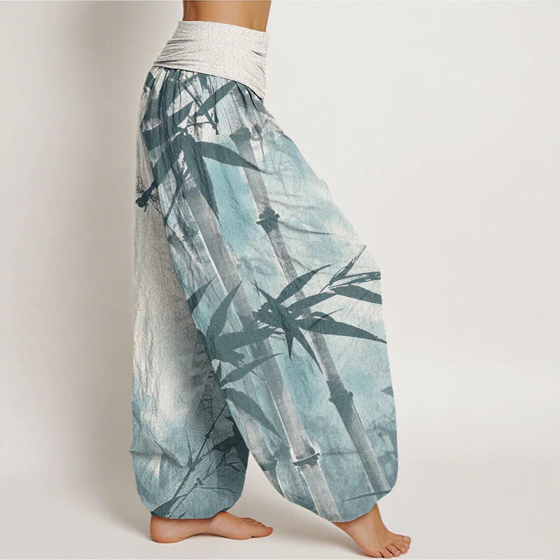 Buddha Stones Cotton Casual Bamboo Leaves Dragonfly Pattern Women's Elastic Waist Harem Pants