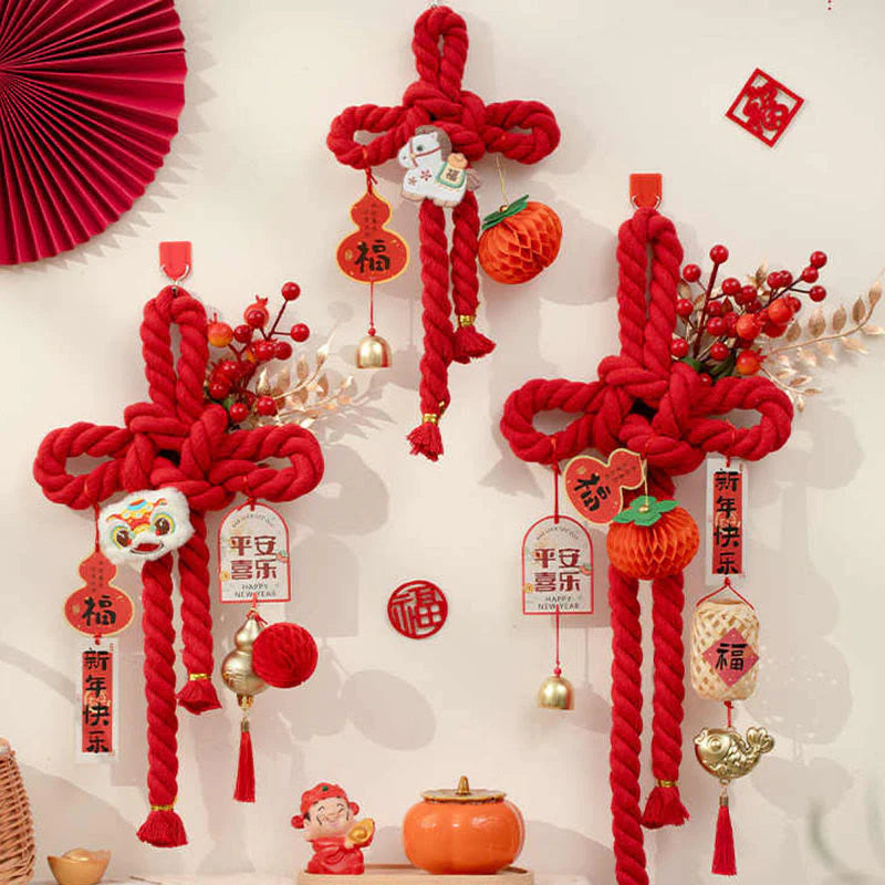 Buddha Stones Year of the Horse Dancing Lion Fu Character Chinese Knotting Fortune Decoration