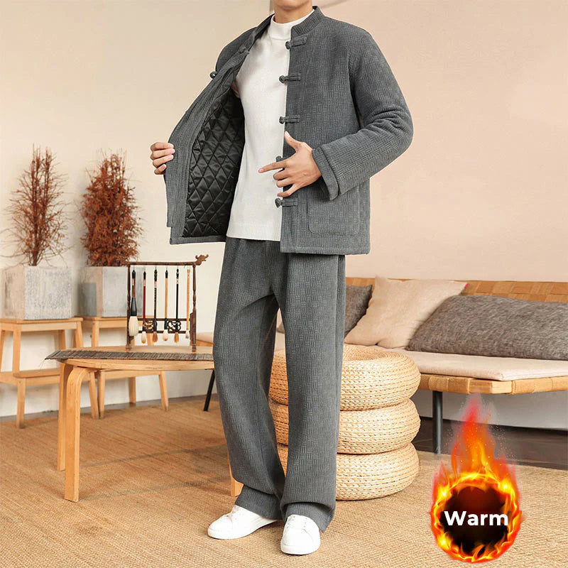 Buddha Stones 2Pcs Winter Solid Men's Tang Suit Frog-Button Cotton Long Sleeve Jacket Pants Set With Pockets