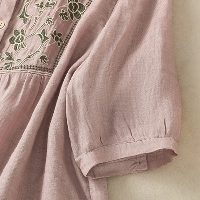 Buddha Stones Embroidery Single Breasted Women's Cotton Linen Three Quarter Sleeve Shirt