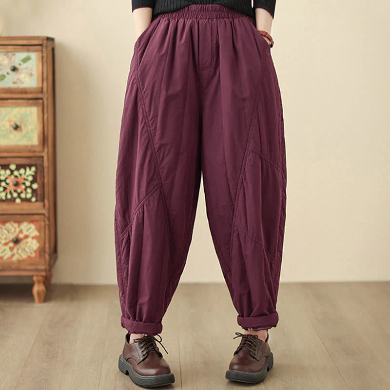 Buddha Stones Winter Plain High Waist Cotton Women's Harem Thermal Elastic Waist Pants With Pockets