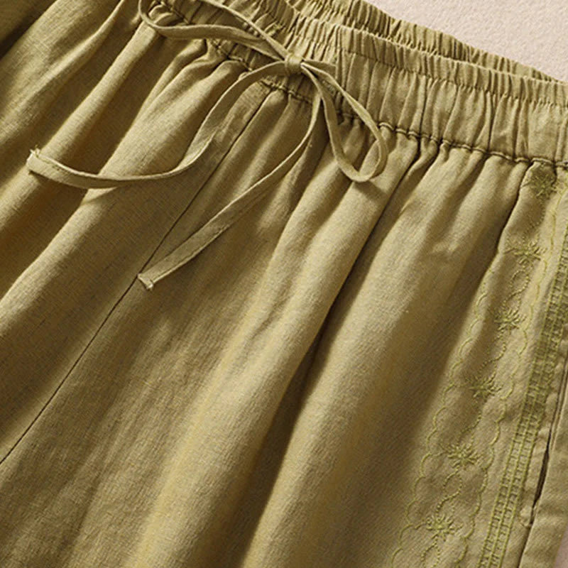 Buddha Stones Casual Floral Embroidery Pattern Drawstring Cotton Linen Women's Shorts With Pockets