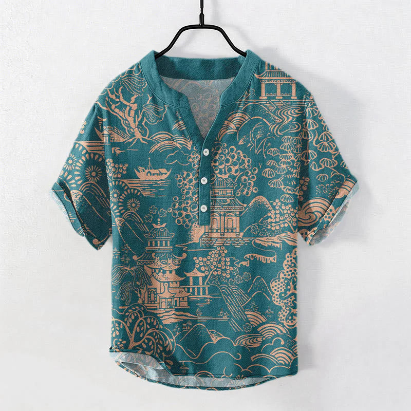 Buddha Stones Cotton Nature Towers Landscape Pattern Men's Short Sleeve Half Button Shirt