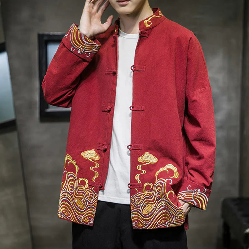 Buddha Stones Embroidered Clouds Frog-Button Long Sleeve Men's Cotton Tang Suit Jacket