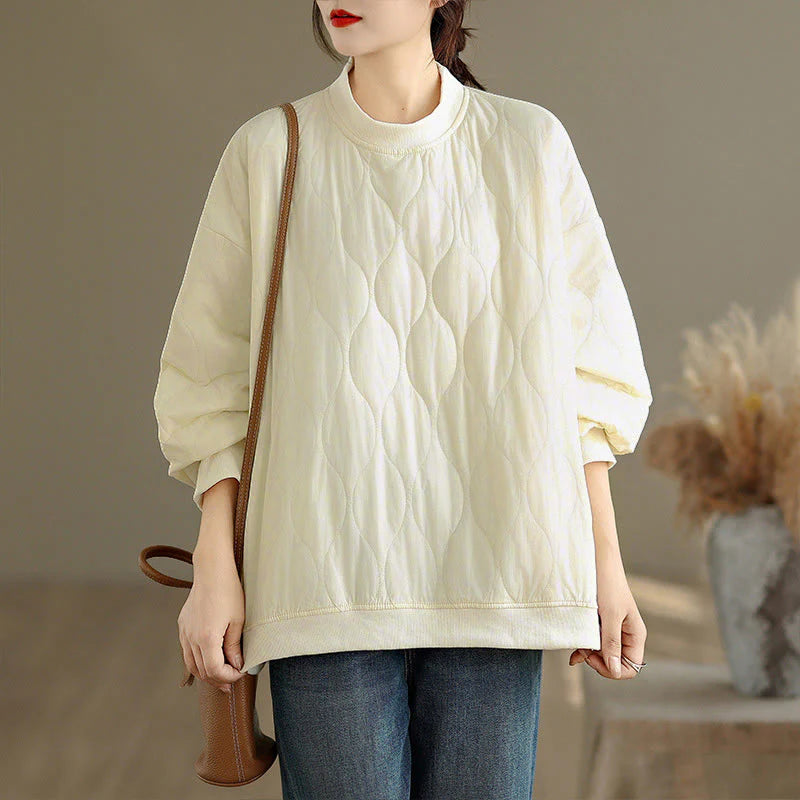Buddha Stones Fall Solid Curved design Crew Neck Long Sleeve Women's Cotton Sweatshirt With Pockets